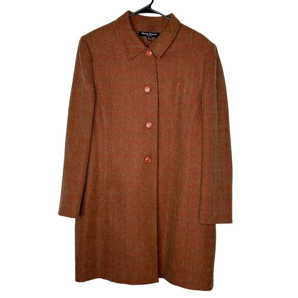 Vintage 90s Rena Rowan 16 Tweed Plaid Coat Button Front Long Jacket Rust Red Tan - Picture 2 of 8